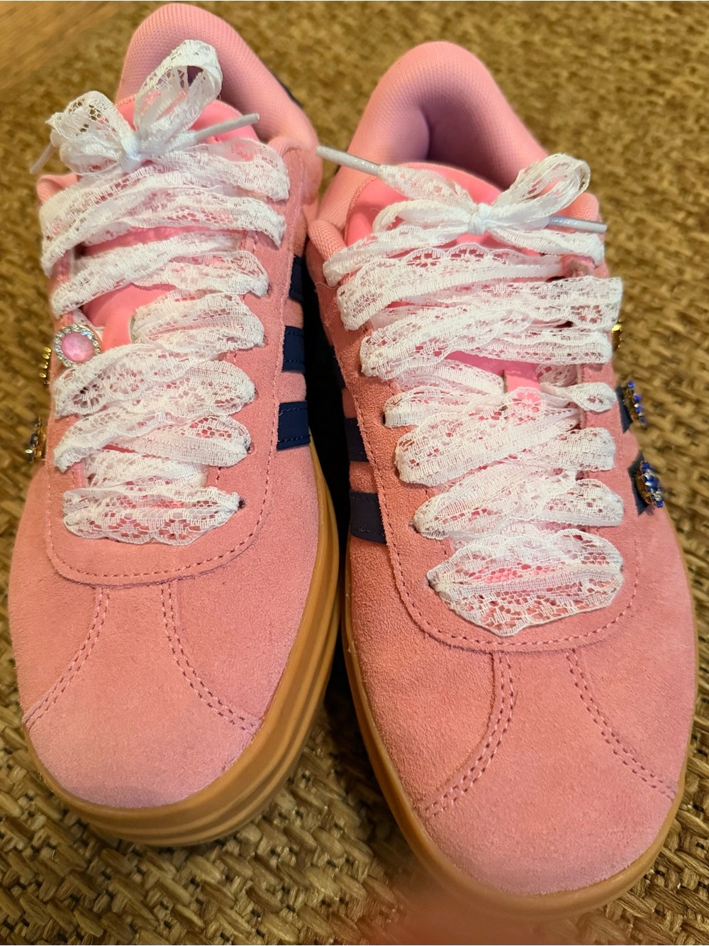 Adidas Pink Suede Platform Sneakers Navy Stripes Up-Cycled and Embellished Y5 - Picture 3 of 6